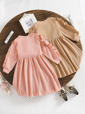 2pcs/Set Young Girl Ribbed Texture Splicing Ruffle Hem Bow Decor Solid Color Dress