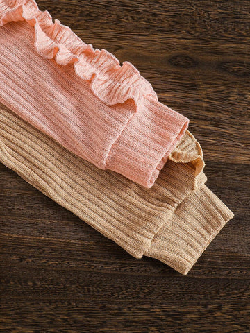 2pcs/Set Young Girl Ribbed Texture Splicing Ruffle Hem Bow Decor Solid Color Dress