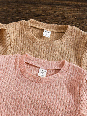 2pcs/Set Young Girl Ribbed Texture Splicing Ruffle Hem Bow Decor Solid Color Dress