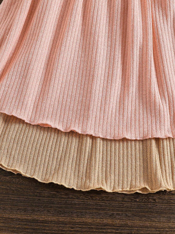 2pcs/Set Young Girl Ribbed Texture Splicing Ruffle Hem Bow Decor Solid Color Dress