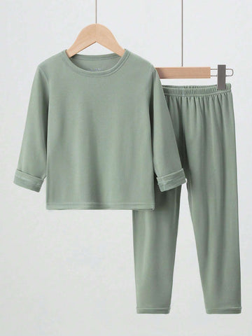 2pcs/Set Young Girl Solid Color Long Sleeve Top And Pant Warm Underwear Set, Suitable For Spring, Autumn And Winter,