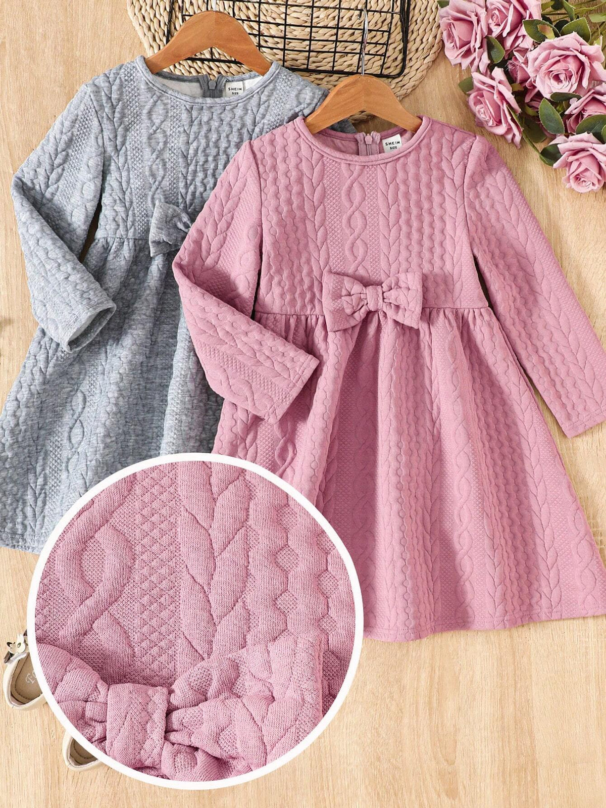 2pcs/Set Young Girl Solid Color Round Neck Ruffled Hem Fitted Casual Dress
