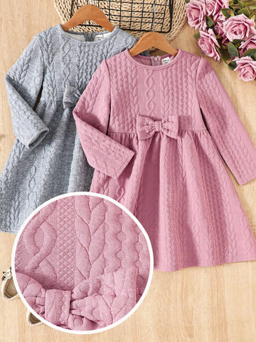 2pcs/Set Young Girl Solid Color Round Neck Ruffled Hem Fitted Casual Dress