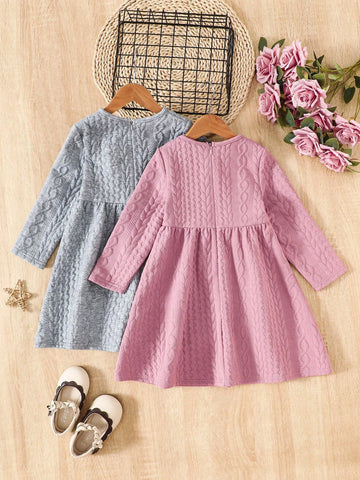 2pcs/Set Young Girl Solid Color Round Neck Ruffled Hem Fitted Casual Dress