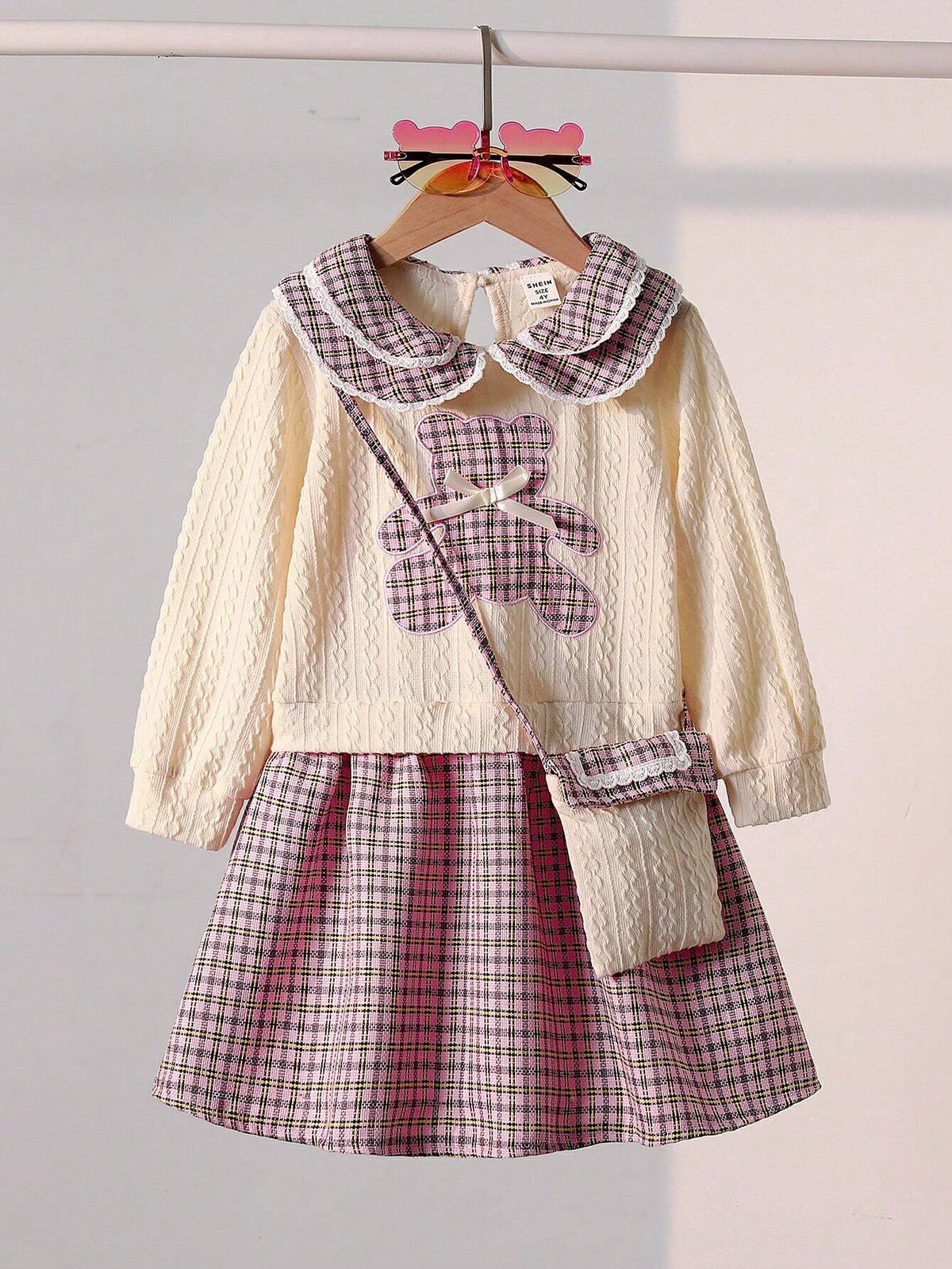 2pcs/Set Young Girl Spring/Autumn Elegant Splice Knitted Dress With Peter Pan Collar & Plaid Skirt, Including Decorative Cross-Body Bag