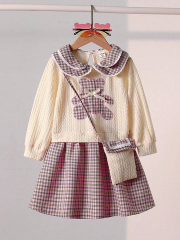 2pcs/Set Young Girl Spring/Autumn Elegant Splice Knitted Dress With Peter Pan Collar & Plaid Skirt, Including Decorative Cross-Body Bag
