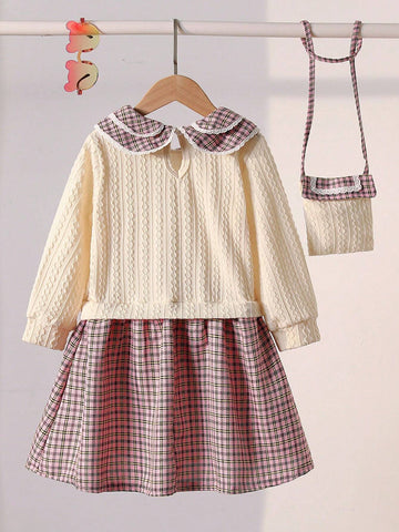 2pcs/Set Young Girl Spring/Autumn Elegant Splice Knitted Dress With Peter Pan Collar & Plaid Skirt, Including Decorative Cross-Body Bag