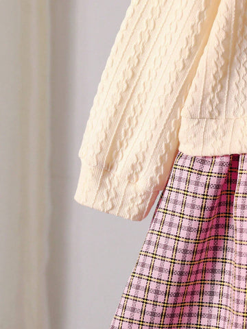 2pcs/Set Young Girl Spring/Autumn Elegant Splice Knitted Dress With Peter Pan Collar & Plaid Skirt, Including Decorative Cross-Body Bag