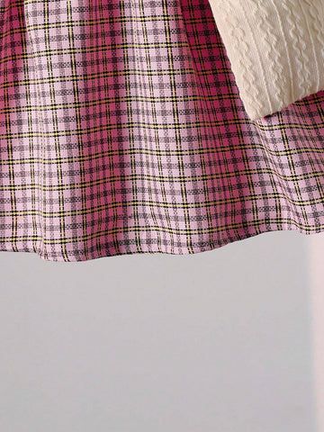 2pcs/Set Young Girl Spring/Autumn Elegant Splice Knitted Dress With Peter Pan Collar & Plaid Skirt, Including Decorative Cross-Body Bag