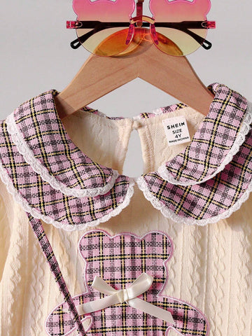 2pcs/Set Young Girl Spring/Autumn Elegant Splice Knitted Dress With Peter Pan Collar & Plaid Skirt, Including Decorative Cross-Body Bag