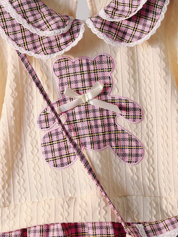 2pcs/Set Young Girl Spring/Autumn Elegant Splice Knitted Dress With Peter Pan Collar & Plaid Skirt, Including Decorative Cross-Body Bag