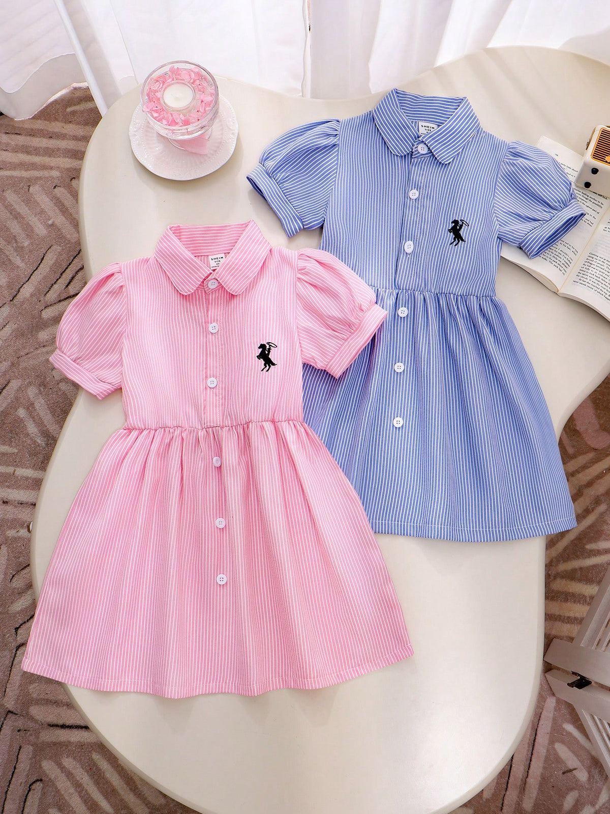2pcs/Set Young Girl Striped Short Sleeve Embroidered Dress, Pink & Blue Cute And Fashionable Summer Outfit