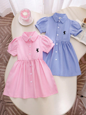 2pcs/Set Young Girl Striped Short Sleeve Embroidered Dress, Pink & Blue Cute And Fashionable Summer Outfit