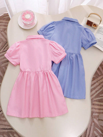 2pcs/Set Young Girl Striped Short Sleeve Embroidered Dress, Pink & Blue Cute And Fashionable Summer Outfit