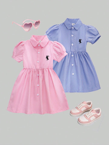 2pcs/Set Young Girl Striped Short Sleeve Embroidered Dress, Pink & Blue Cute And Fashionable Summer Outfit
