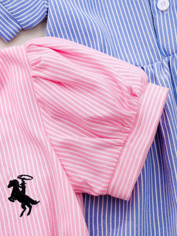 2pcs/Set Young Girl Striped Short Sleeve Embroidered Dress, Pink & Blue Cute And Fashionable Summer Outfit