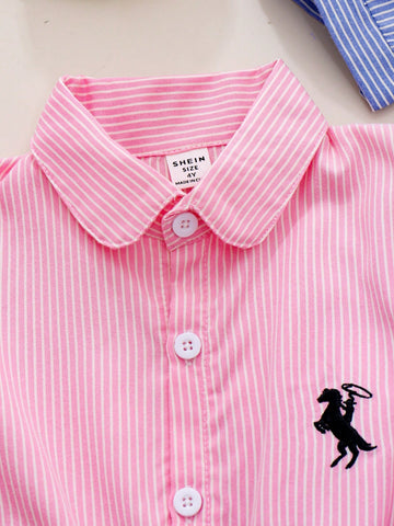 2pcs/Set Young Girl Striped Short Sleeve Embroidered Dress, Pink & Blue Cute And Fashionable Summer Outfit