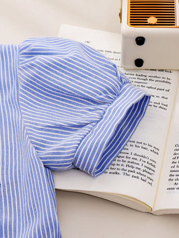 2pcs/Set Young Girl Striped Short Sleeve Embroidered Dress, Pink & Blue Cute And Fashionable Summer Outfit