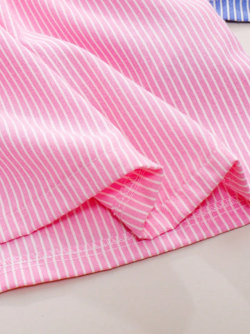 2pcs/Set Young Girl Striped Short Sleeve Embroidered Dress, Pink & Blue Cute And Fashionable Summer Outfit