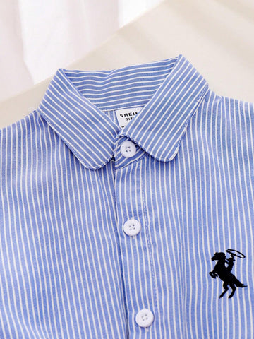 2pcs/Set Young Girl Striped Short Sleeve Embroidered Dress, Pink & Blue Cute And Fashionable Summer Outfit