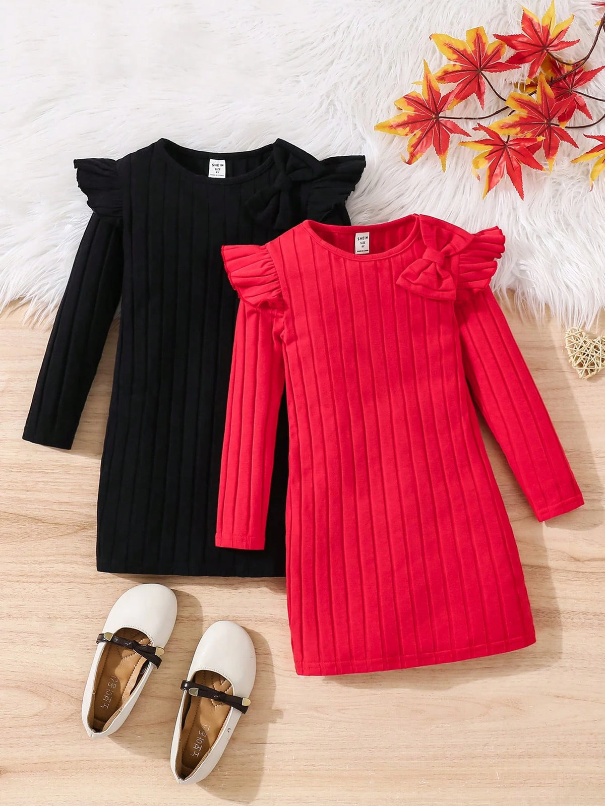 2pcs/Set Young Girl & Young Girl 3D Bow Decor Ribbed Knit Short Cap Sleeve Casual Dress