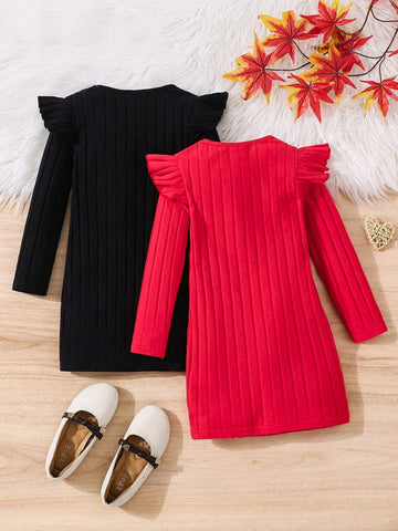 2pcs/Set Young Girl & Young Girl 3D Bow Decor Ribbed Knit Short Cap Sleeve Casual Dress