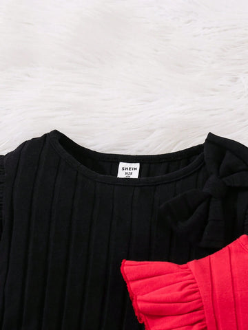 2pcs/Set Young Girl & Young Girl 3D Bow Decor Ribbed Knit Short Cap Sleeve Casual Dress