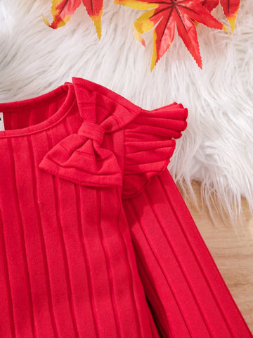 2pcs/Set Young Girl & Young Girl 3D Bow Decor Ribbed Knit Short Cap Sleeve Casual Dress