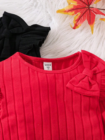 2pcs/Set Young Girl & Young Girl 3D Bow Decor Ribbed Knit Short Cap Sleeve Casual Dress