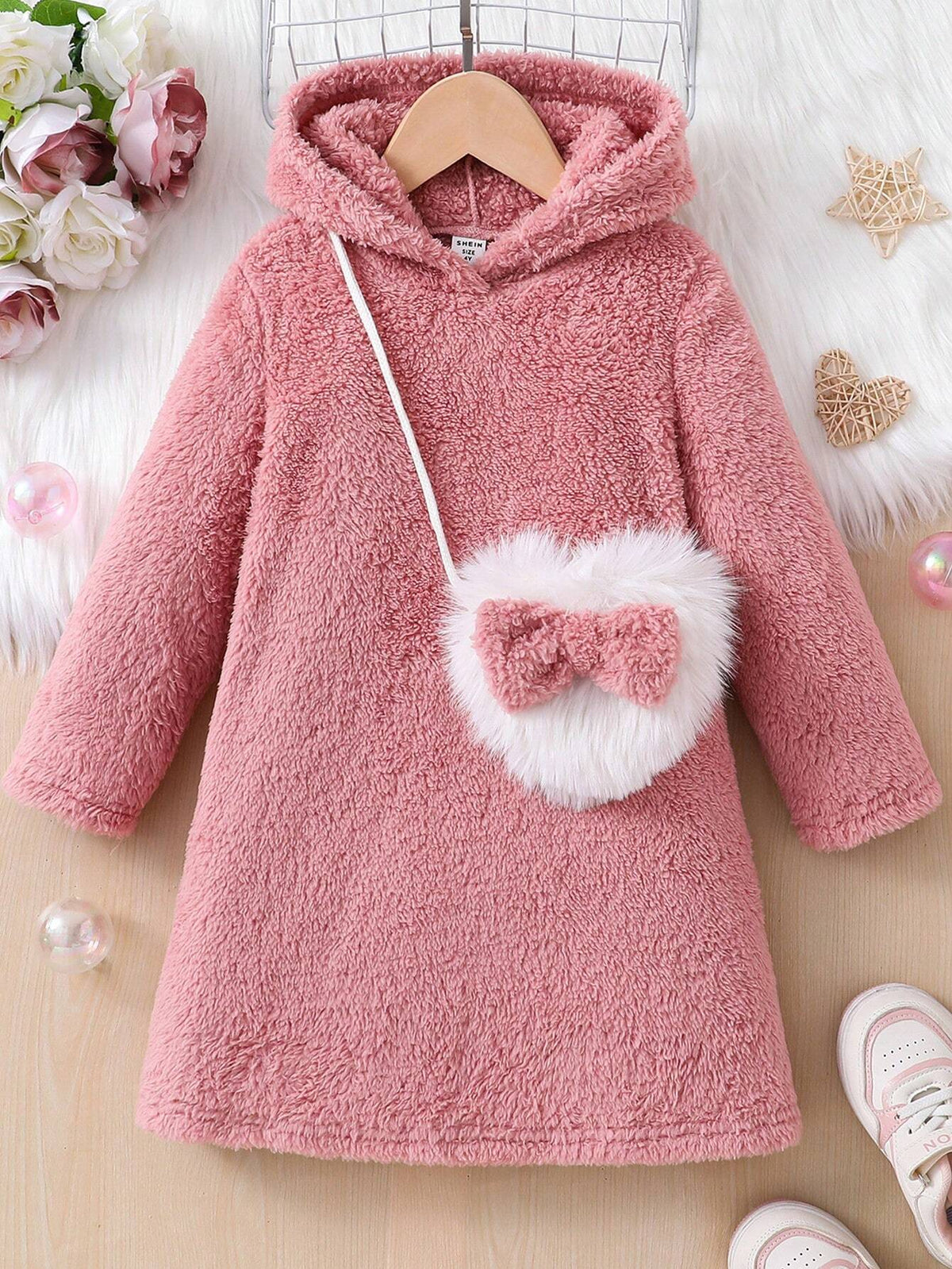 2pcs/Set Young Girl & Young Girl Cute Plush Double-Sided Fleece Casual Dress,