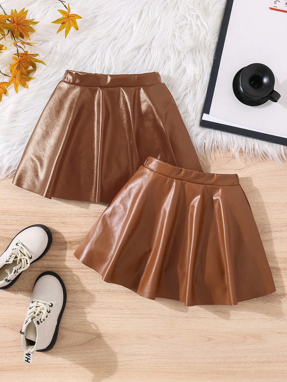 2pcs/Set Young Girl & Young Girl PU Leather Fan-Shaped Skirt, Suitable For Casual Daily Wear
