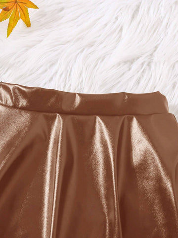 2pcs/Set Young Girl & Young Girl PU Leather Fan-Shaped Skirt, Suitable For Casual Daily Wear