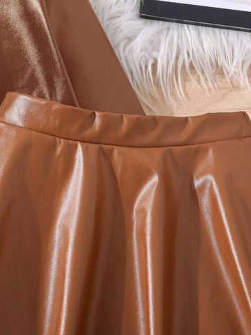 2pcs/Set Young Girl & Young Girl PU Leather Fan-Shaped Skirt, Suitable For Casual Daily Wear