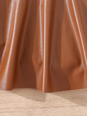 2pcs/Set Young Girl & Young Girl PU Leather Fan-Shaped Skirt, Suitable For Casual Daily Wear