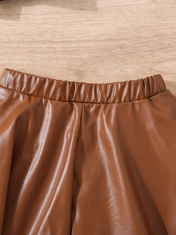 2pcs/Set Young Girl & Young Girl PU Leather Fan-Shaped Skirt, Suitable For Casual Daily Wear