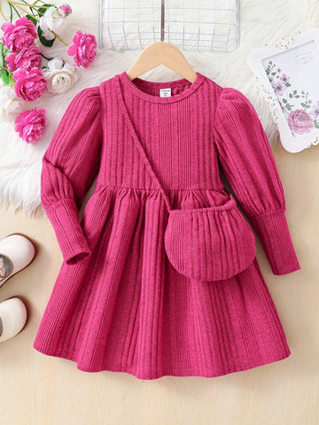 2pcs/Set Young Girl & Young Girl Textured Puff Sleeve Knit Dress