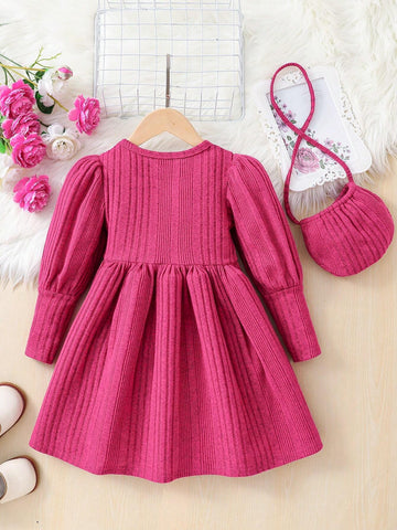 2pcs/Set Young Girl & Young Girl Textured Puff Sleeve Knit Dress