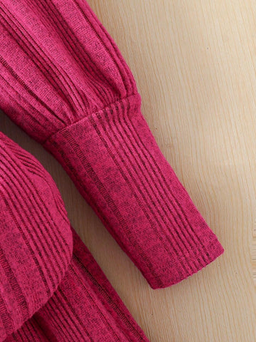 2pcs/Set Young Girl & Young Girl Textured Puff Sleeve Knit Dress