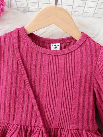 2pcs/Set Young Girl & Young Girl Textured Puff Sleeve Knit Dress