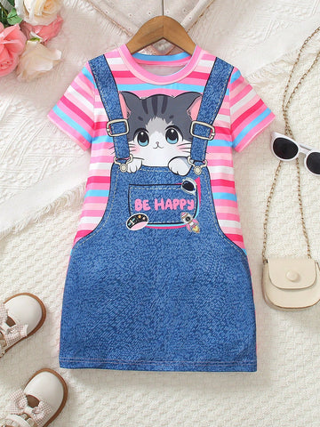 2pcs/Set Young Girls Casual Cute Cartoon Cat Striped Print Short Sleeve Round Neck 2 In 1 Dress, Summer