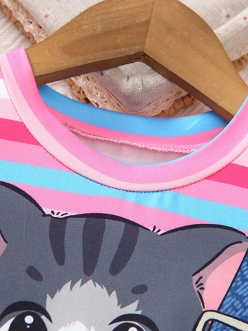 2pcs/Set Young Girls Casual Cute Cartoon Cat Striped Print Short Sleeve Round Neck 2 In 1 Dress, Summer