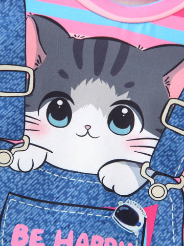 2pcs/Set Young Girls Casual Cute Cartoon Cat Striped Print Short Sleeve Round Neck 2 In 1 Dress, Summer