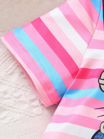 2pcs/Set Young Girls Casual Cute Cartoon Cat Striped Print Short Sleeve Round Neck 2 In 1 Dress, Summer