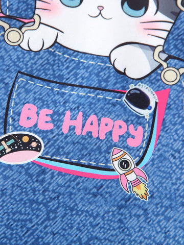 2pcs/Set Young Girls Casual Cute Cartoon Cat Striped Print Short Sleeve Round Neck 2 In 1 Dress, Summer