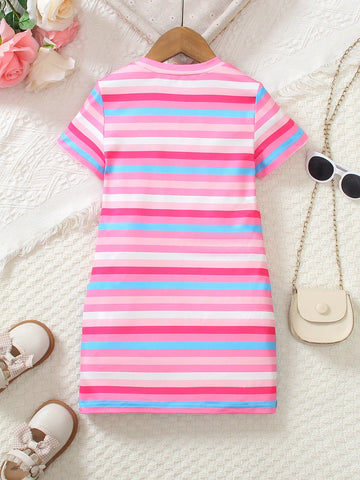 2pcs/Set Young Girls Casual Cute Cartoon Cat Striped Print Short Sleeve Round Neck 2 In 1 Dress, Summer
