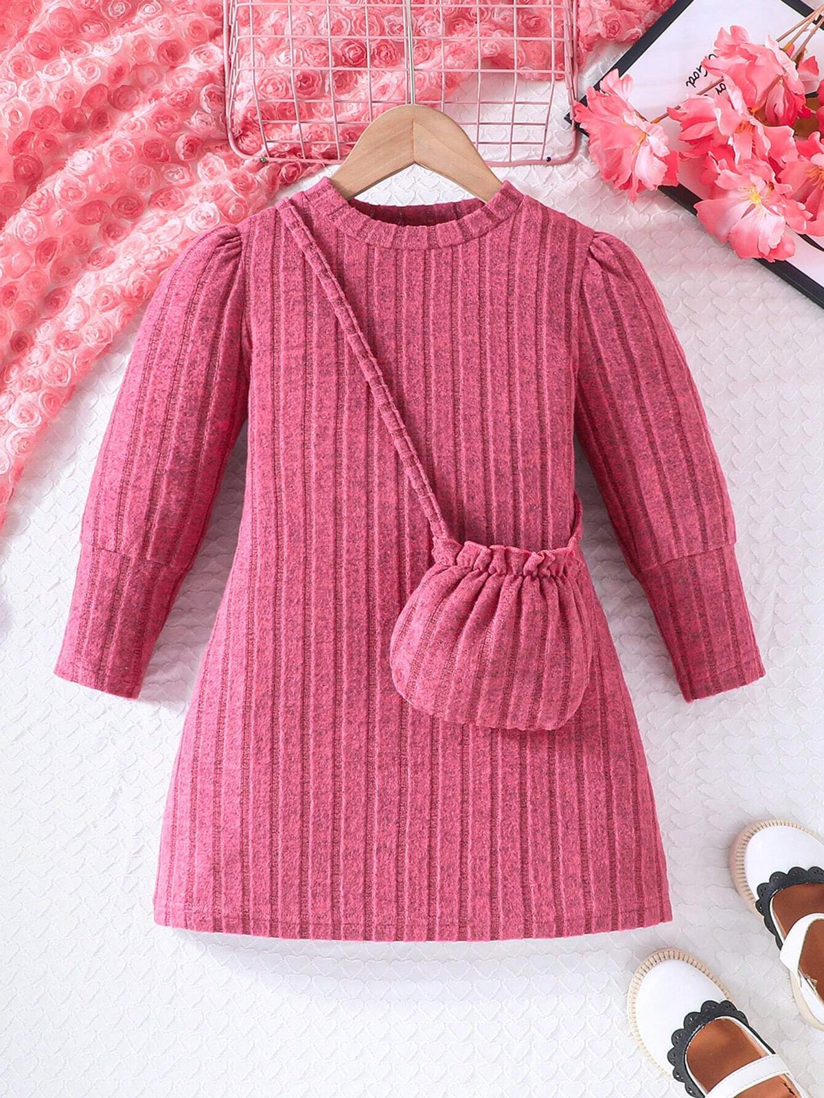 2pcs/Set Young Girls Casual Solid Color Long Sleeve Dress & Handbag Outfit