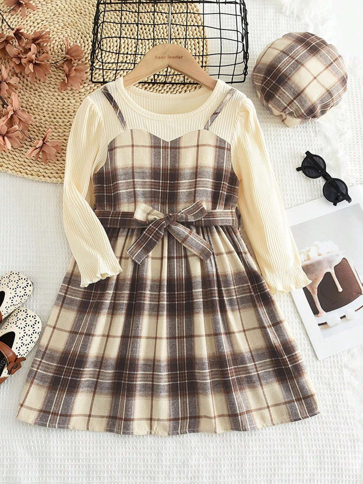 2pcs/Set Young Girls' Casual Stylish Plaid Strap Dress With Detachable Hat, Spring And Autumn