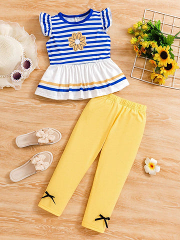 2pcs/Set Young Girls' Fashion Striped Flower Pattern Ruffle Hem Cap Sleeve T-Shirt And Bowknot Leggings Summer Outfits