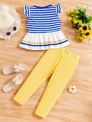 2pcs/Set Young Girls' Fashion Striped Flower Pattern Ruffle Hem Cap Sleeve T-Shirt And Bowknot Leggings Summer Outfits