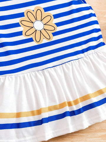 2pcs/Set Young Girls' Fashion Striped Flower Pattern Ruffle Hem Cap Sleeve T-Shirt And Bowknot Leggings Summer Outfits